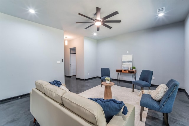 living room featuring ceiling fan