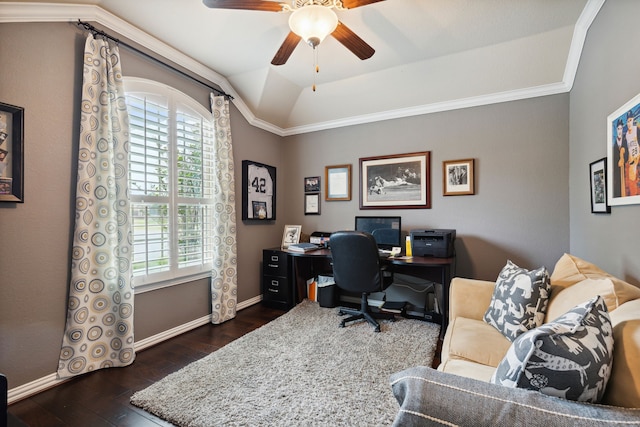 office area with vaulted ceiling, dark wood-type flooring, crown molding, and ceiling fan