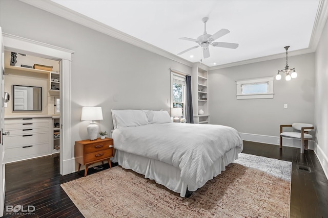 bedroom featuring crown molding, ceiling fan with notable chandelier, and dark wood-type flooring