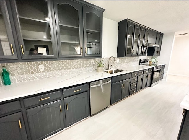 kitchen with stainless steel appliances, light hardwood / wood-style floors, sink, and decorative backsplash