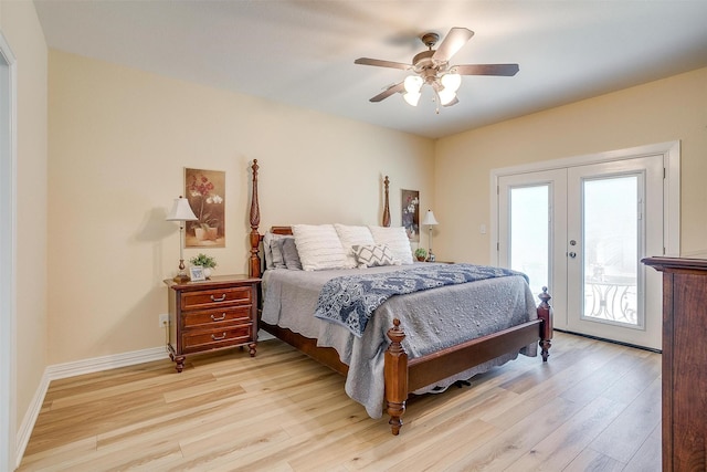 bedroom featuring ceiling fan, access to exterior, light wood-type flooring, and french doors