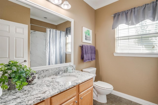 bathroom featuring tile patterned floors, toilet, vanity, ornamental molding, and curtained shower