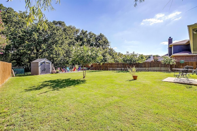 view of yard featuring a shed and a patio