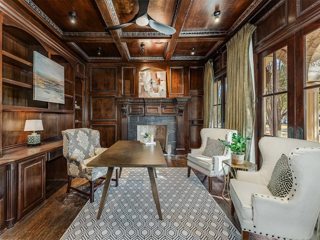 living area featuring coffered ceiling, wood ceiling, wooden walls, built in features, and a premium fireplace