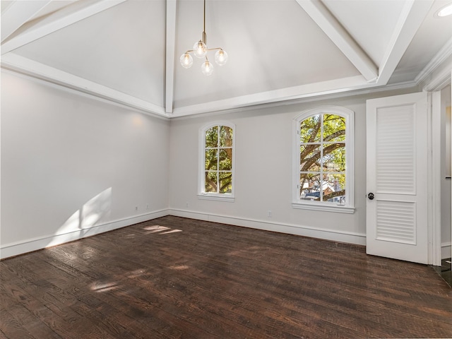 spare room featuring a notable chandelier, beam ceiling, high vaulted ceiling, and dark hardwood / wood-style floors