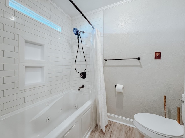 bathroom featuring shower / tub combo with curtain, wood-type flooring, toilet, and ornamental molding