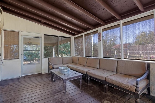 unfurnished sunroom with wood ceiling and lofted ceiling with beams