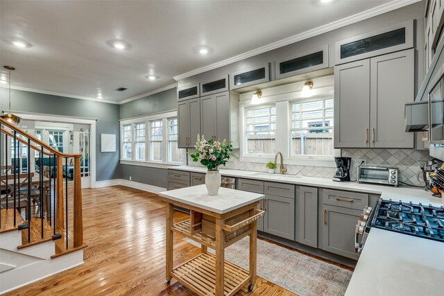 kitchen featuring sink, gray cabinetry, crown molding, light hardwood / wood-style floors, and backsplash