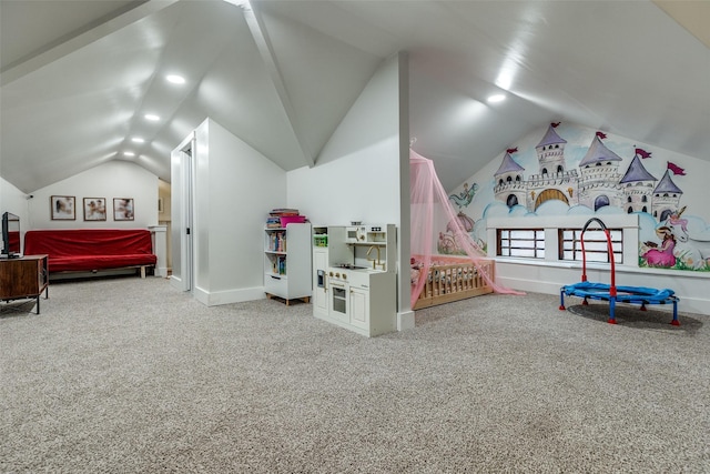 rec room featuring lofted ceiling and carpet flooring