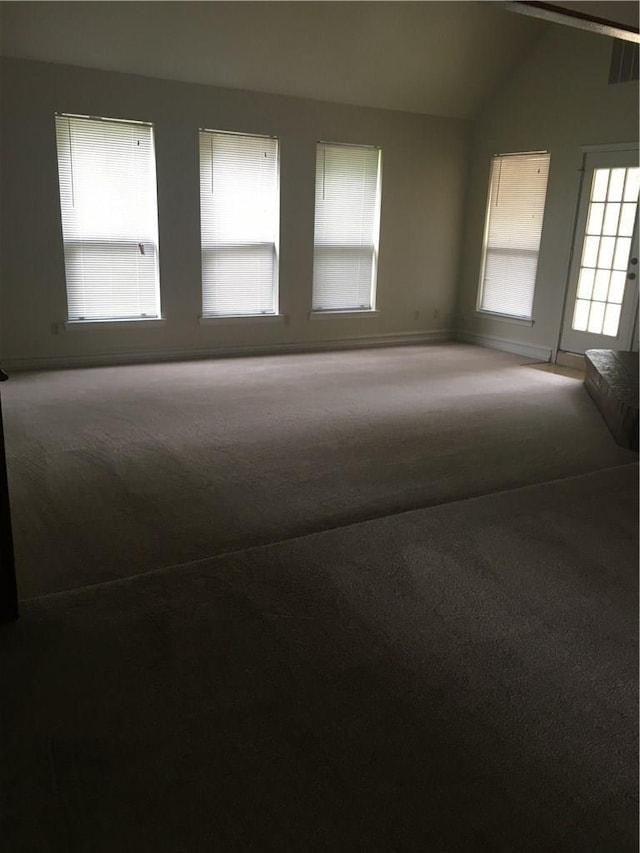 unfurnished room featuring vaulted ceiling and carpet flooring