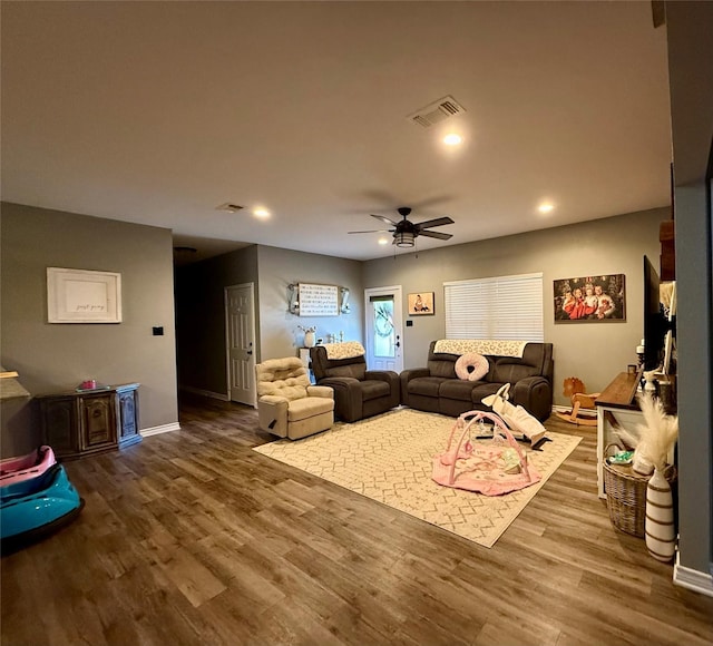 248 Mill, Emory, TX 75440 - living room with wood finished floors, visible vents, recessed lighting, and ceiling fan