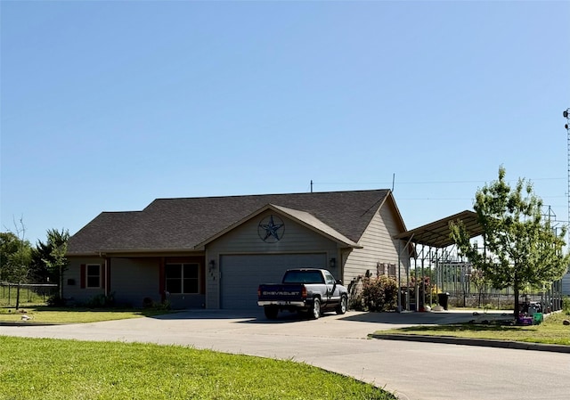 248 Mill, Emory, TX 75440 - ranch-style house with a front lawn, driveway, fence, a garage, and roof with shingles