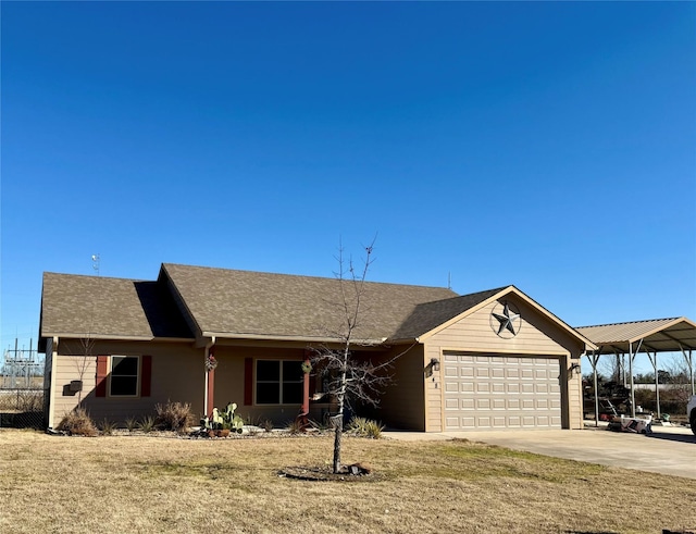 248 Mill, Emory, TX 75440 - ranch-style home featuring concrete driveway, roof with shingles, a front yard, and a garage