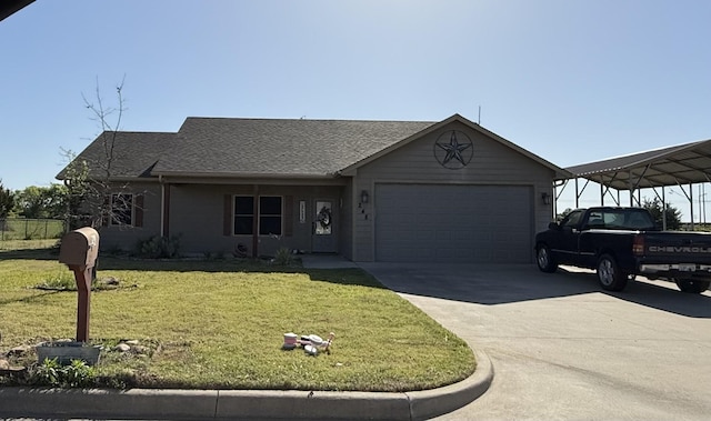 248 Mill, Emory, TX 75440 - ranch-style home with a shingled roof, a front lawn, an attached garage, driveway, and a carport