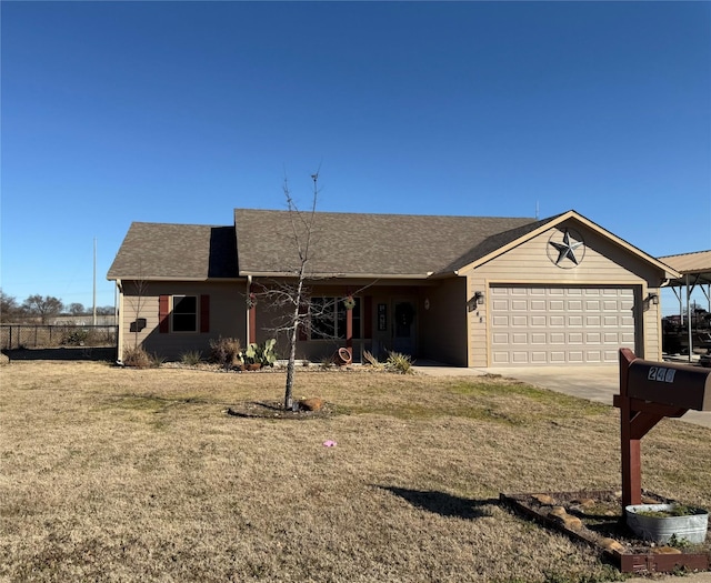 248 Mill, Emory, TX 75440 - ranch-style home featuring concrete driveway, a front lawn, a shingled roof, fence, and a garage