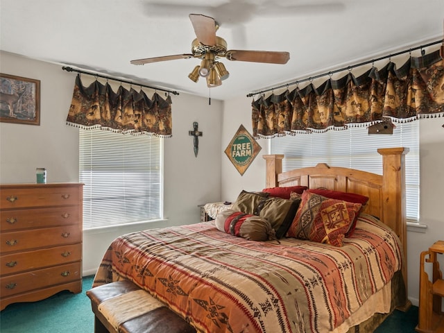 carpeted bedroom featuring ceiling fan