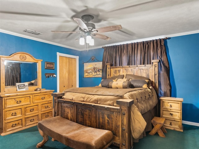 bedroom with ceiling fan, ornamental molding, and dark carpet