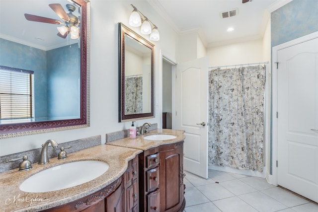 bathroom featuring walk in shower, tile patterned floors, ornamental molding, vanity, and ceiling fan