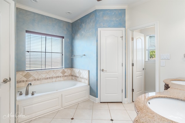 bathroom with ornamental molding, tile patterned flooring, vanity, and a washtub