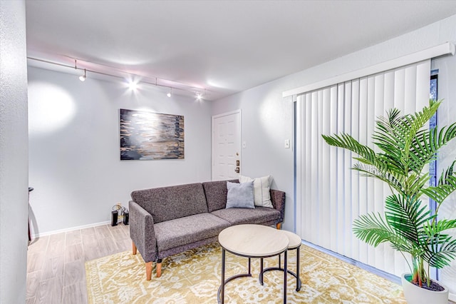 living room with track lighting and light hardwood / wood-style floors