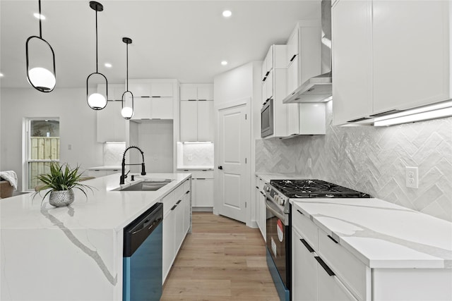 kitchen with stainless steel appliances, white cabinetry, pendant lighting, and a center island with sink