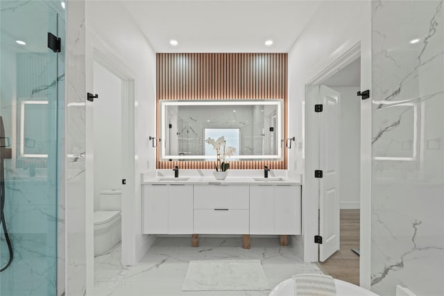 bathroom with vanity, toilet, and a shower with shower door