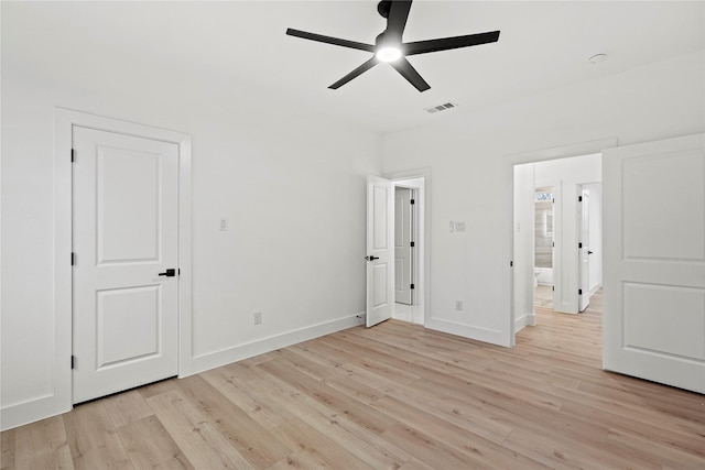 unfurnished bedroom featuring light hardwood / wood-style flooring and ceiling fan