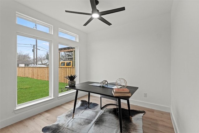 office space with ceiling fan and light hardwood / wood-style floors