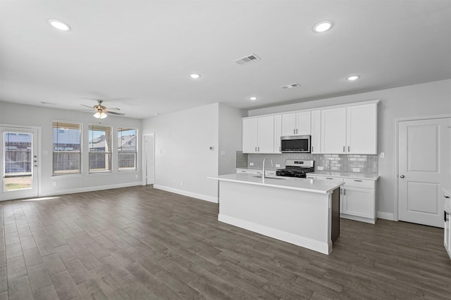 kitchen featuring white cabinetry, stainless steel appliances, sink, and a center island with sink