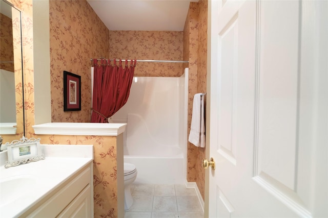 full bathroom featuring bathing tub / shower combination, toilet, tile patterned floors, and vanity