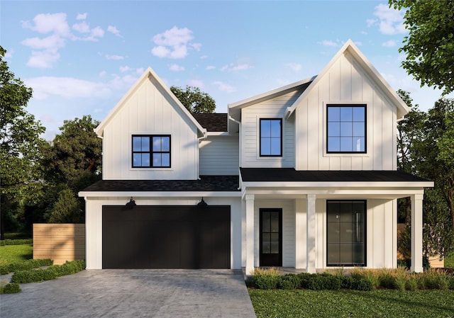 modern inspired farmhouse featuring a garage and a porch