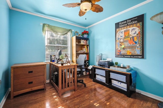 home office featuring crown molding, ceiling fan, and dark hardwood / wood-style floors