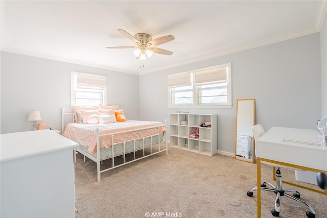 bedroom with ornamental molding, light colored carpet, and ceiling fan