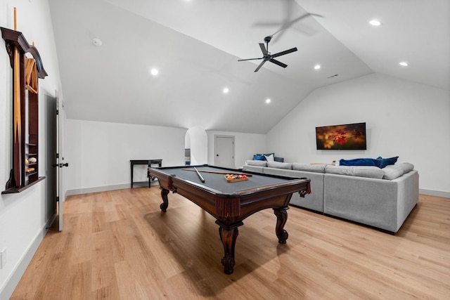 playroom featuring ceiling fan, lofted ceiling, pool table, and light hardwood / wood-style floors