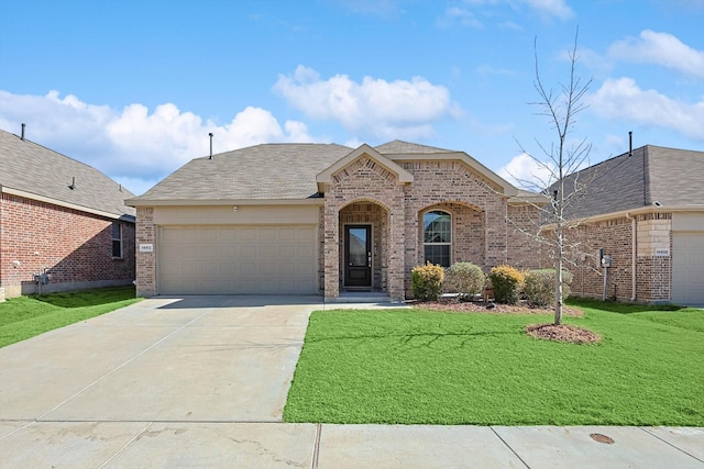 french country inspired facade with a garage and a front lawn