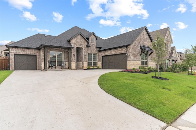 french country style house with a garage and a front yard