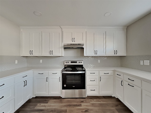 kitchen featuring white cabinetry, stainless steel electric range, and dark wood-type flooring