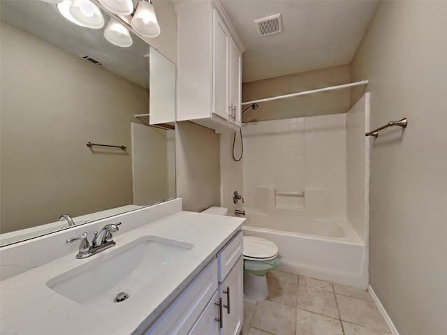 full bathroom with vanity, tub / shower combination, tile patterned floors, and toilet