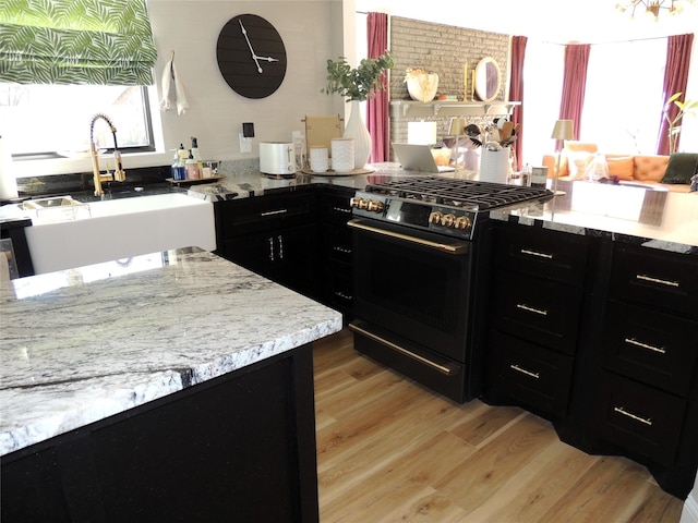 kitchen with light stone counters, sink, high end stove, and light wood-type flooring