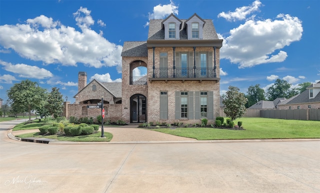 view of front of property with a balcony and a front yard