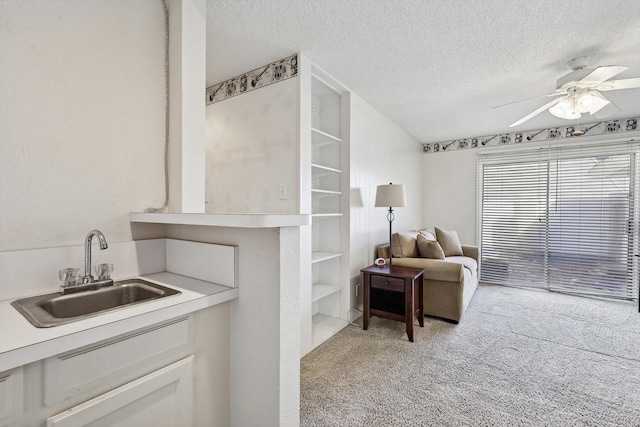 living room with ceiling fan, sink, light carpet, and a textured ceiling