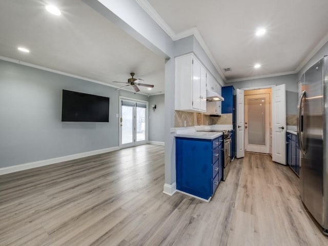 kitchen featuring white cabinetry, stainless steel appliances, ornamental molding, blue cabinets, and french doors