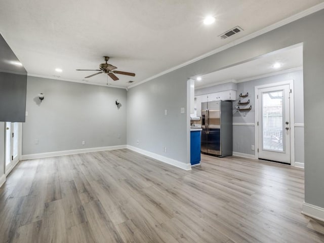 unfurnished living room featuring ornamental molding, light hardwood / wood-style floors, and ceiling fan