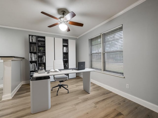 office area featuring crown molding, ceiling fan, and light wood-type flooring