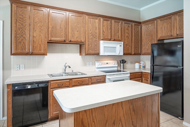 kitchen with sink, crown molding, black appliances, light tile patterned floors, and backsplash