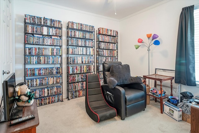 living area featuring crown molding and carpet floors