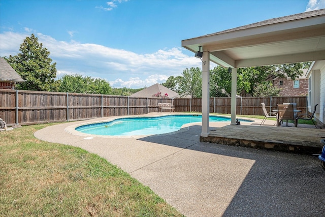 view of swimming pool featuring a patio area and a lawn