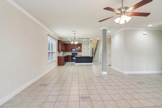 unfurnished living room with ornamental molding, ceiling fan, and light tile patterned flooring