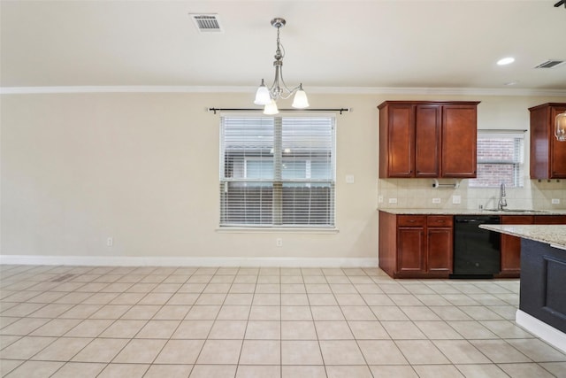 kitchen featuring hanging light fixtures, ornamental molding, dishwasher, light stone countertops, and backsplash