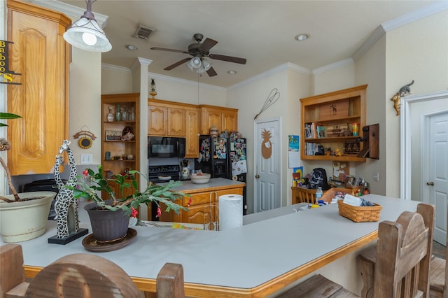 kitchen with ornamental molding, black appliances, kitchen peninsula, and ceiling fan